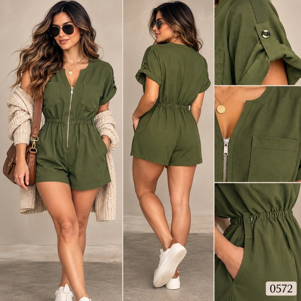 BloomChic Olive Green Zip Front Short Sleeve Utility Romper Size 10 0572